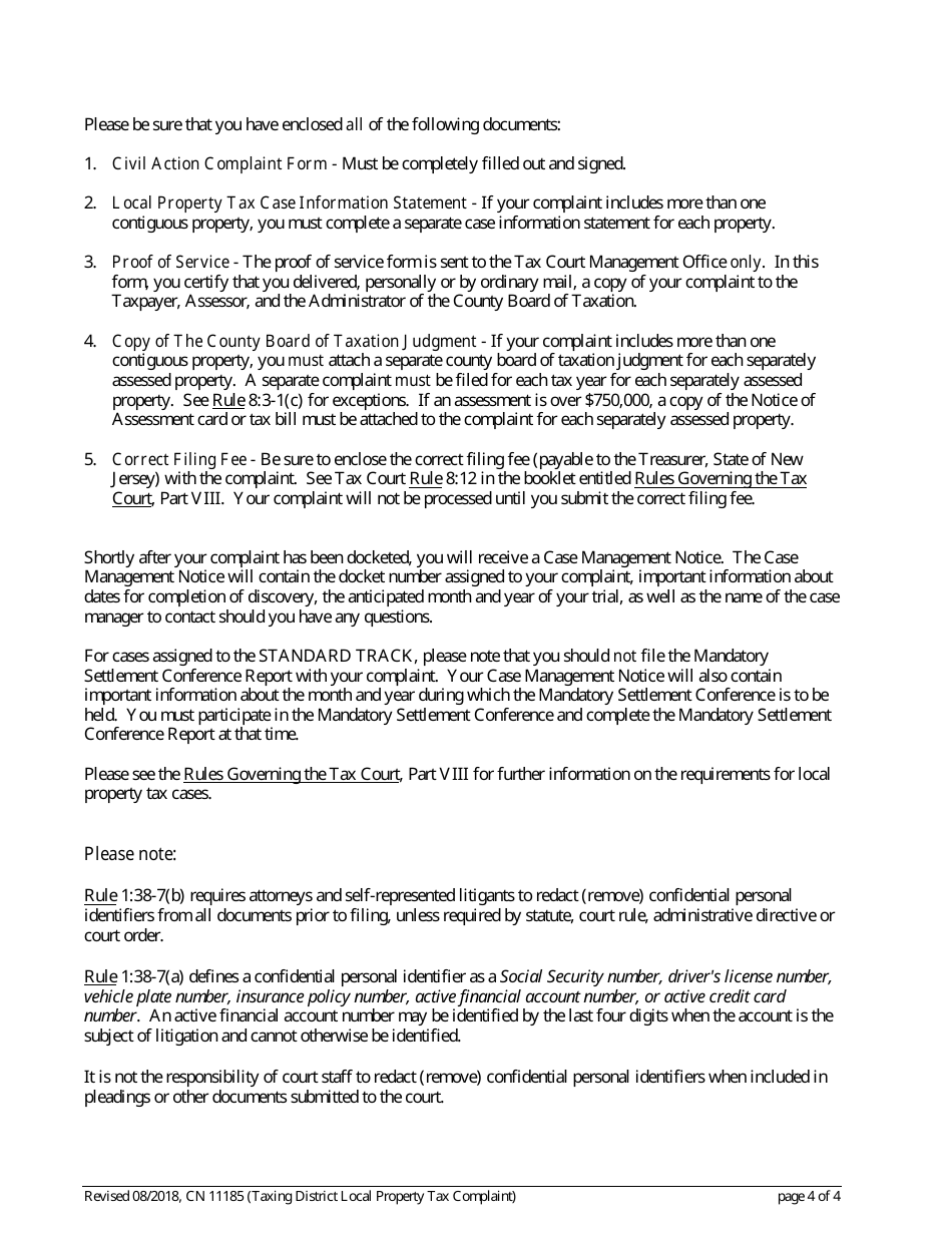 Form 11185 Civil Action Taxing District Complaint (Local Property Tax) - New Jersey, Page 4