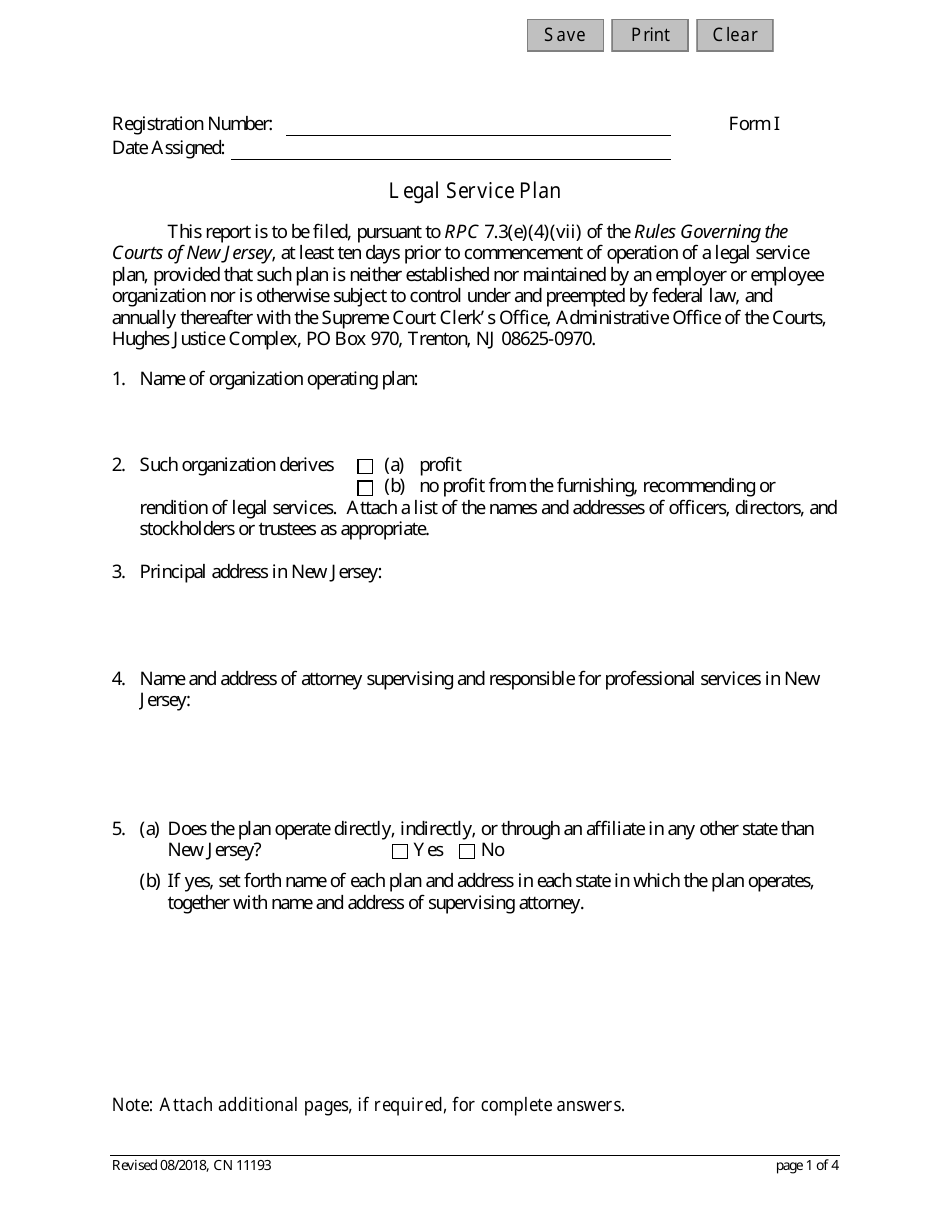 Form I (11193) Legal Service Plan - New Jersey, Page 1