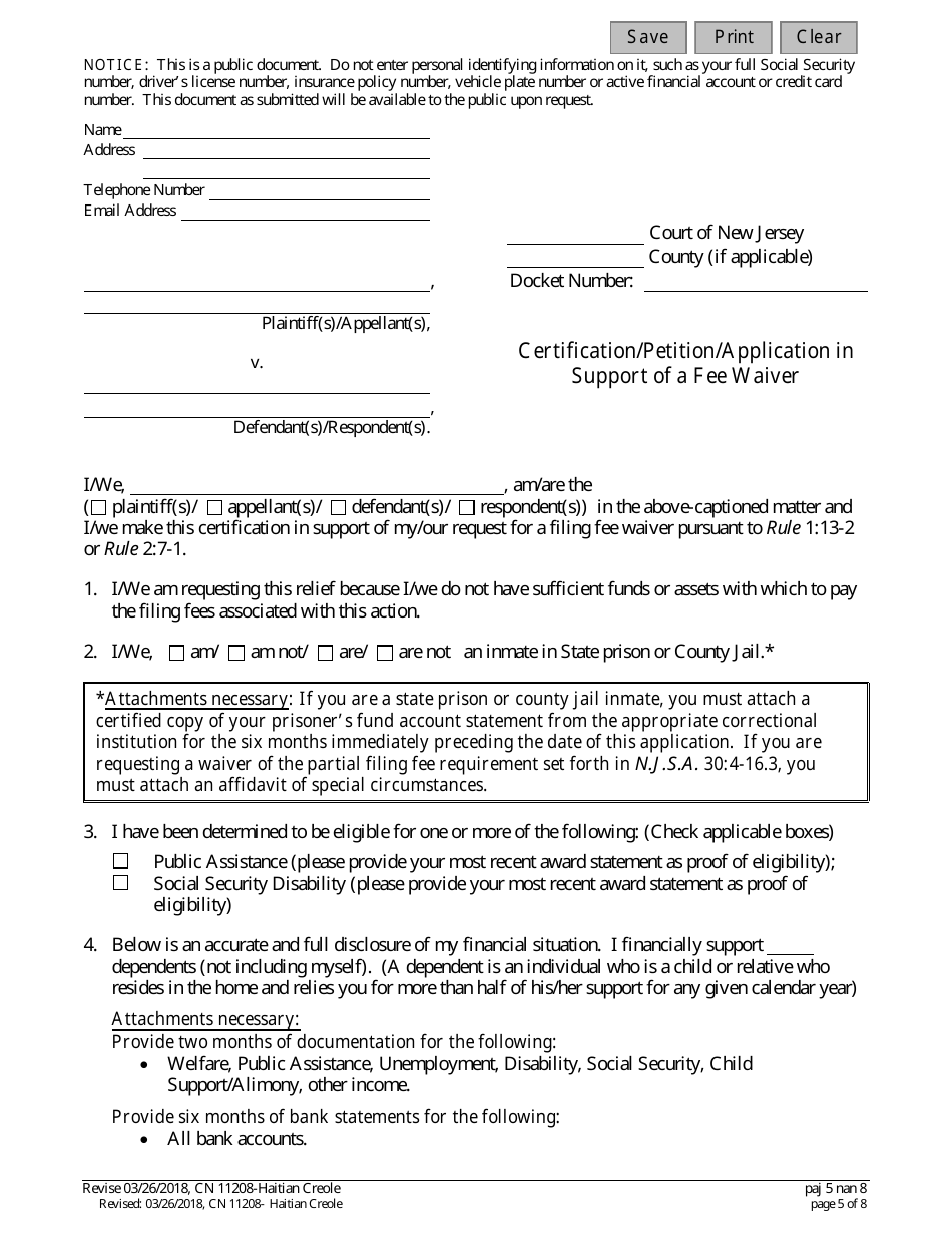 Form 11208 Certification / Petition / Application in Support of a Fee Waiver - New Jersey (English / Haitian Creole), Page 5