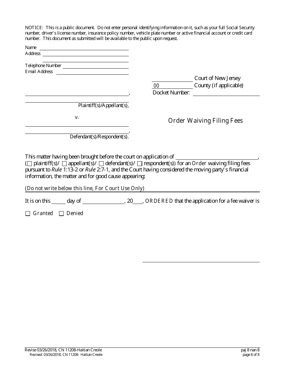 Form 11208 Certification / Petition / Application in Support of a Fee Waiver - New Jersey (English / Haitian Creole), Page 8
