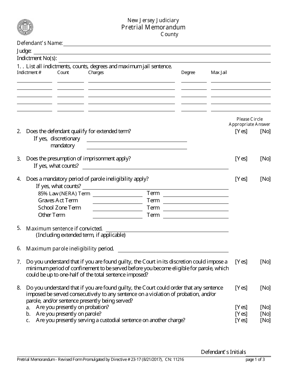 Form 11216 Pretrial Memorandum - New Jersey, Page 1