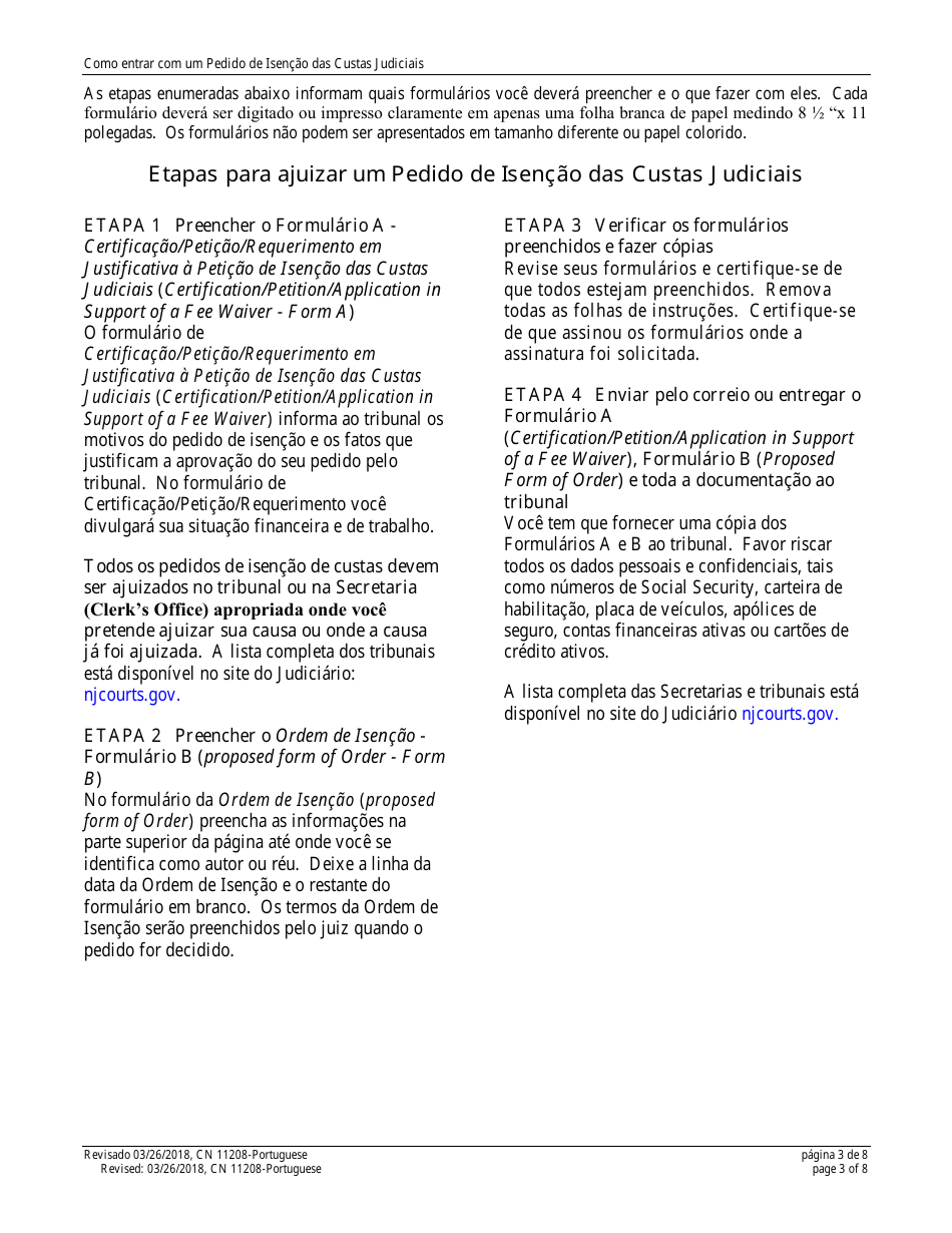 Form 11208 Certification / Petition / Application in Support of a Fee Waiver - New Jersey (English / Portuguese), Page 3