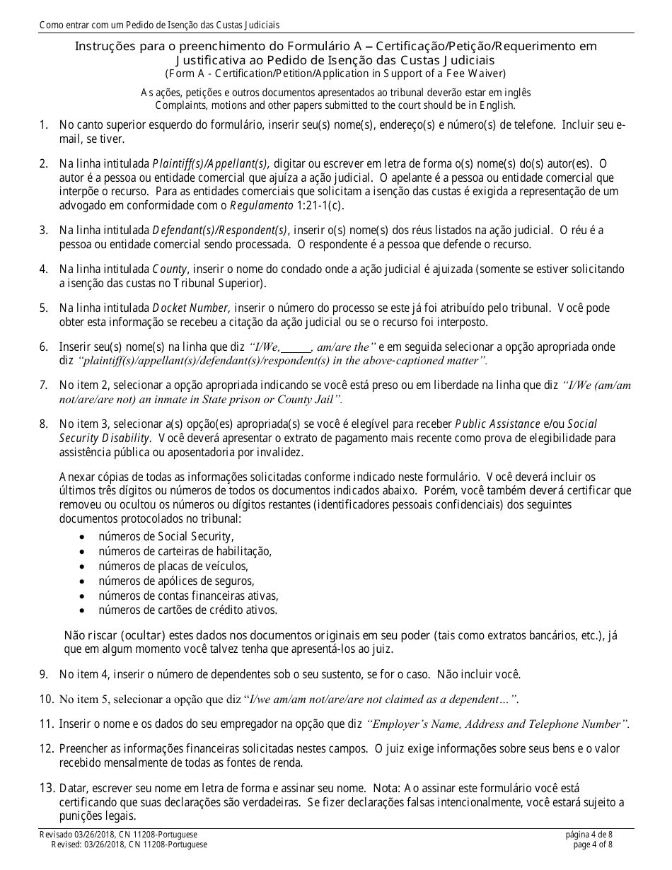 Form 11208 Certification / Petition / Application in Support of a Fee Waiver - New Jersey (English / Portuguese), Page 4