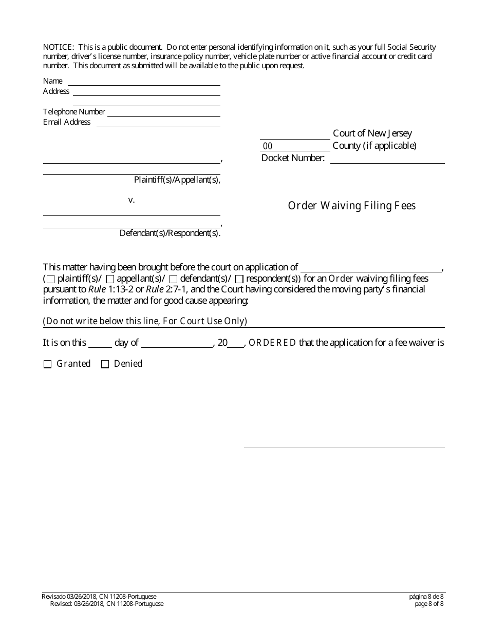 Form 11208 Certification / Petition / Application in Support of a Fee Waiver - New Jersey (English / Portuguese), Page 8