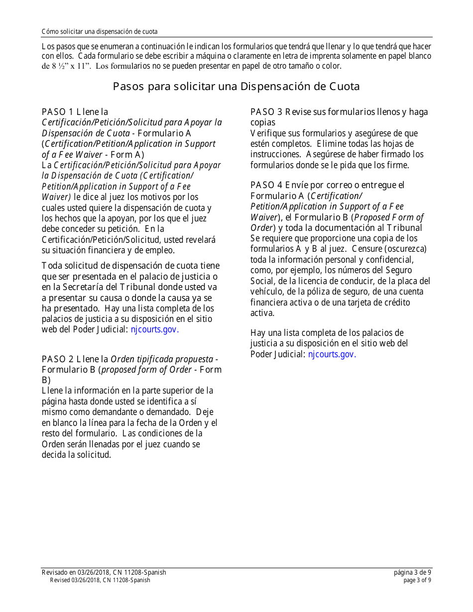 Form 11208 Certification / Petition / Application in Support of a Fee Waiver - New Jersey (English / Spanish), Page 3