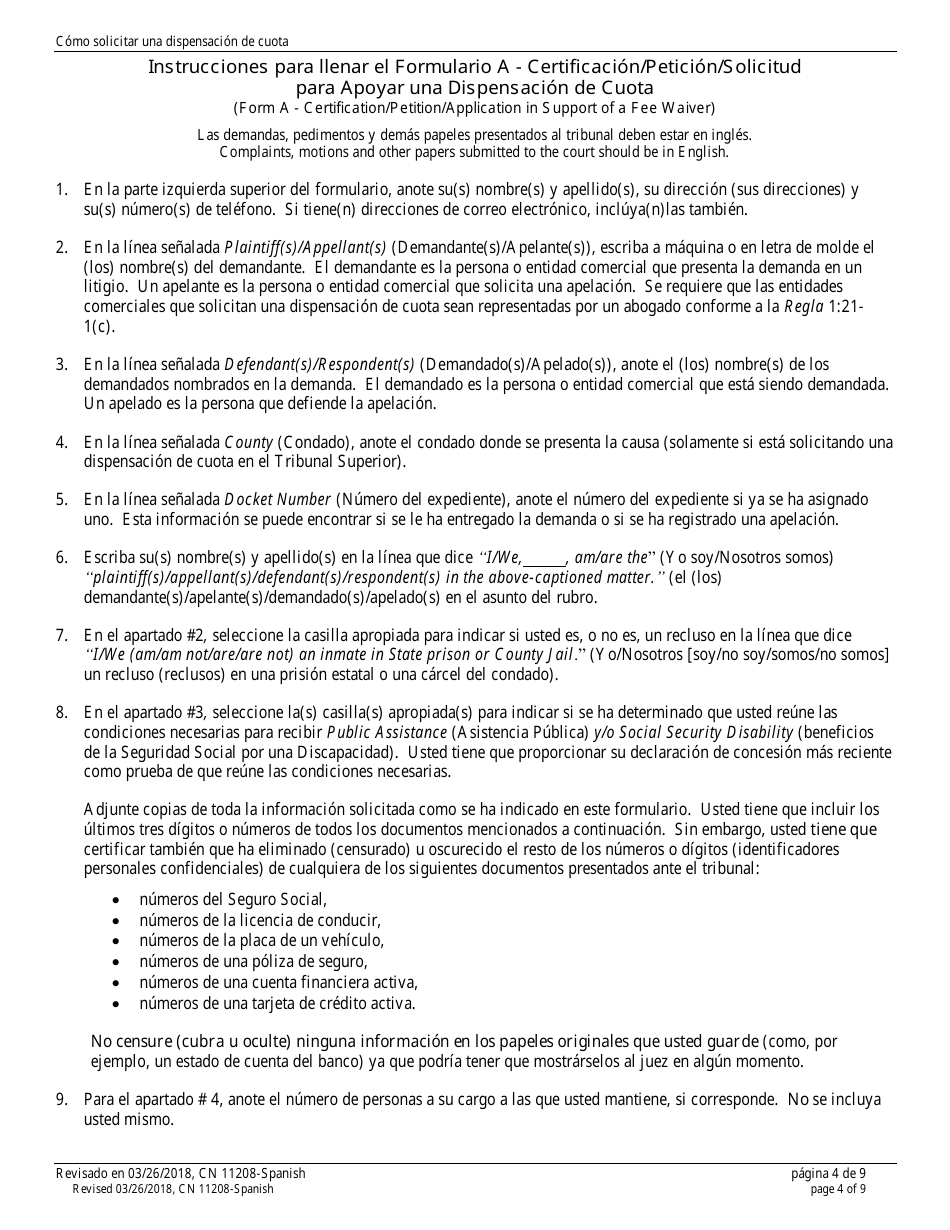 Form 11208 Certification / Petition / Application in Support of a Fee Waiver - New Jersey (English / Spanish), Page 4