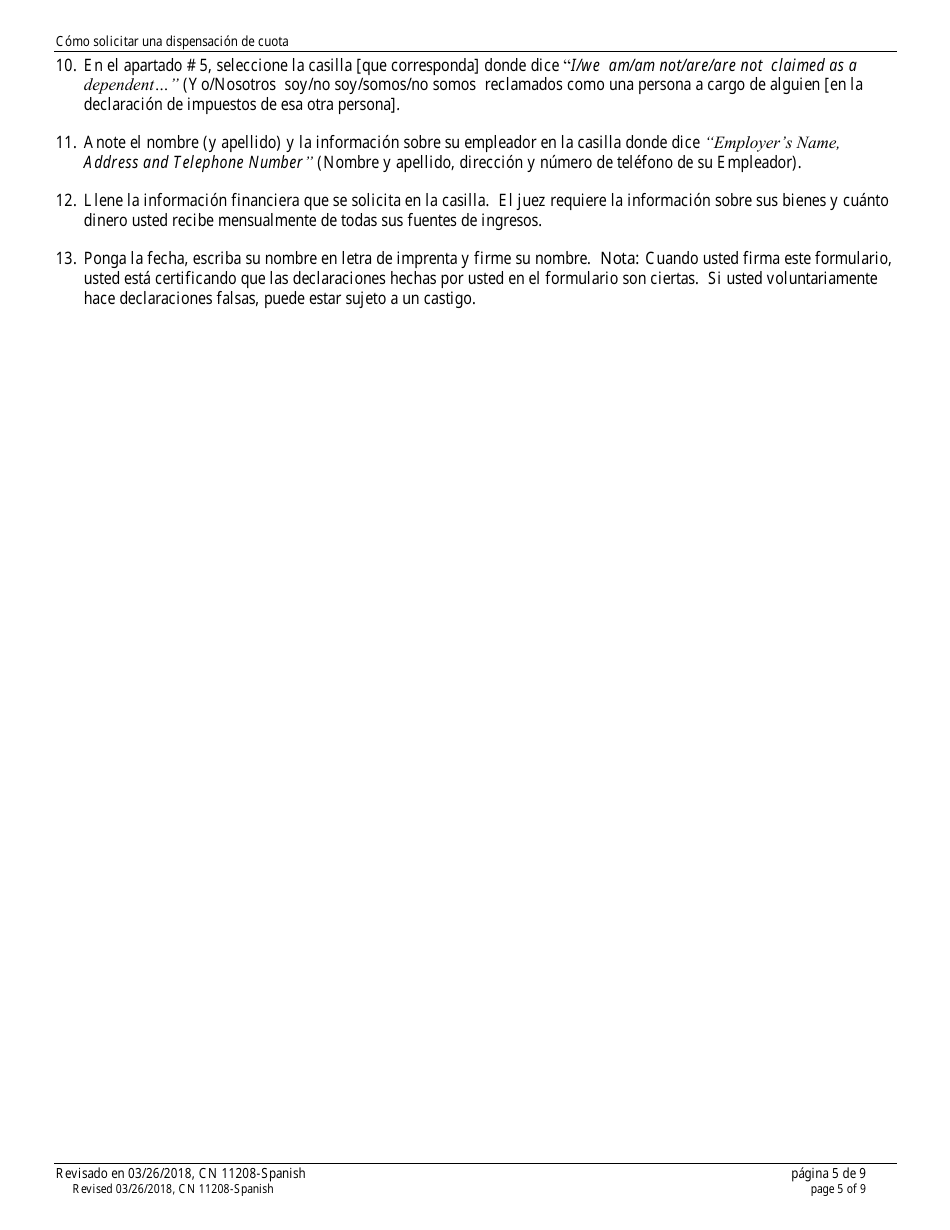 Form 11208 Certification / Petition / Application in Support of a Fee Waiver - New Jersey (English / Spanish), Page 5