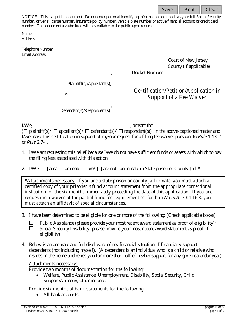 Form 11208 Certification / Petition / Application in Support of a Fee Waiver - New Jersey (English / Spanish), Page 6