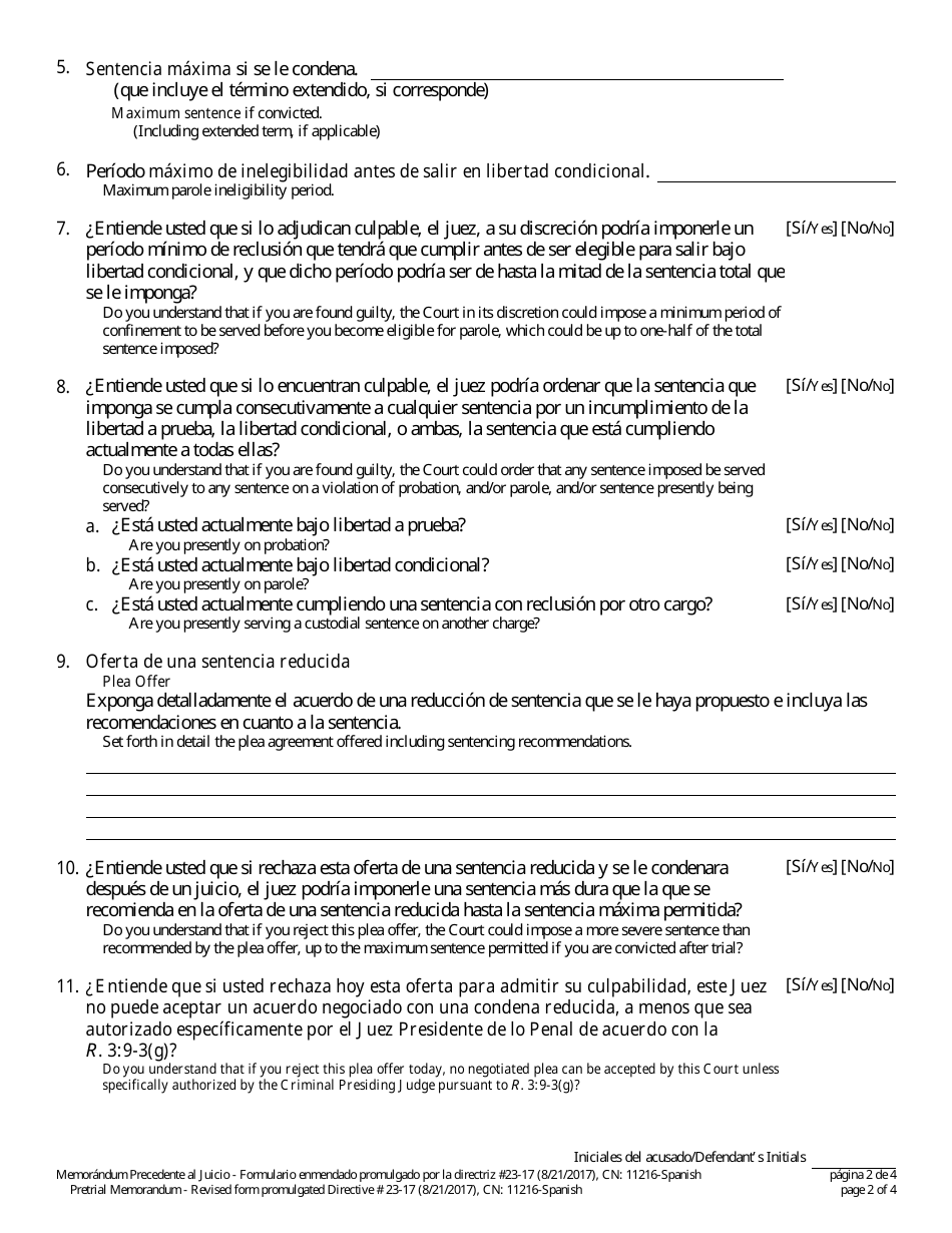 Formulario 11216 Memorandum Precedente Al Juicio - New Jersey (Spanish), Page 2
