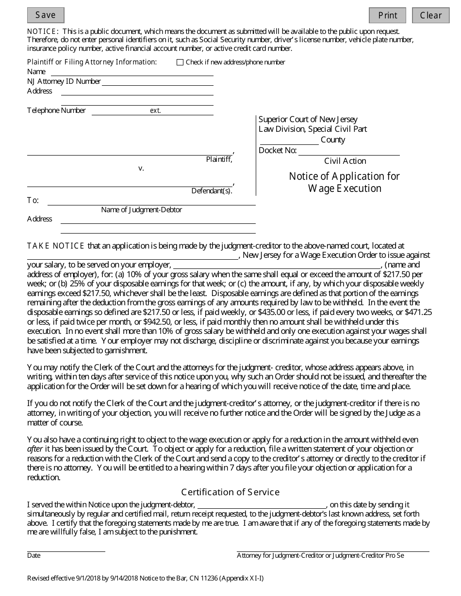 Form 11236 Appendix XI-I Notice of Application for Wage Execution - New Jersey, Page 1