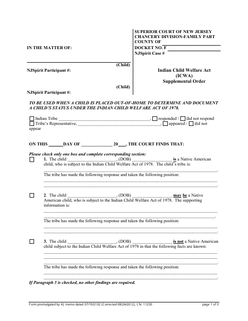 Form 11230 Indian Child Welfare Act (Icwa) Supplemental Order - New Jersey