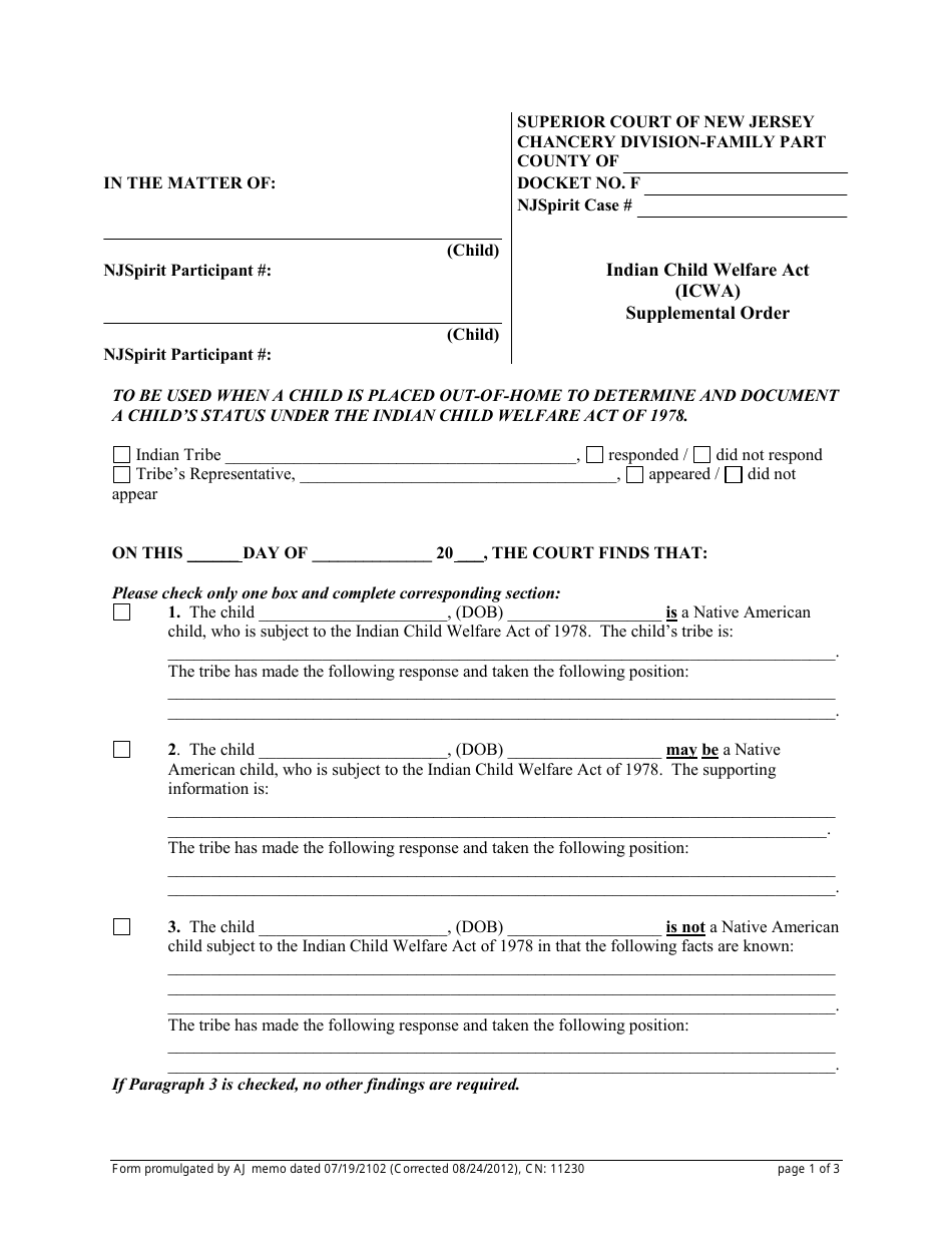 Form 11230 Indian Child Welfare Act (Icwa) Supplemental Order - New Jersey, Page 1