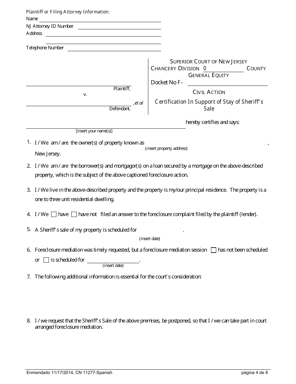 Form 11277 Notice of Motion to Stay Sheriffs Sale and Referral to Mediation - New Jersey (English / Spanish), Page 4