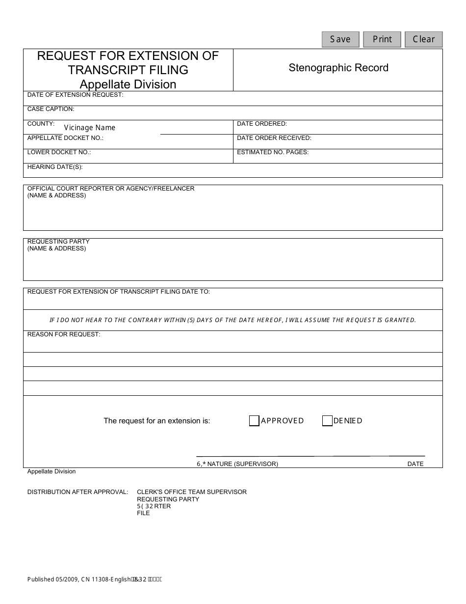 Form 11308 Request for Extension of Transcript Filing - New Jersey, Page 1