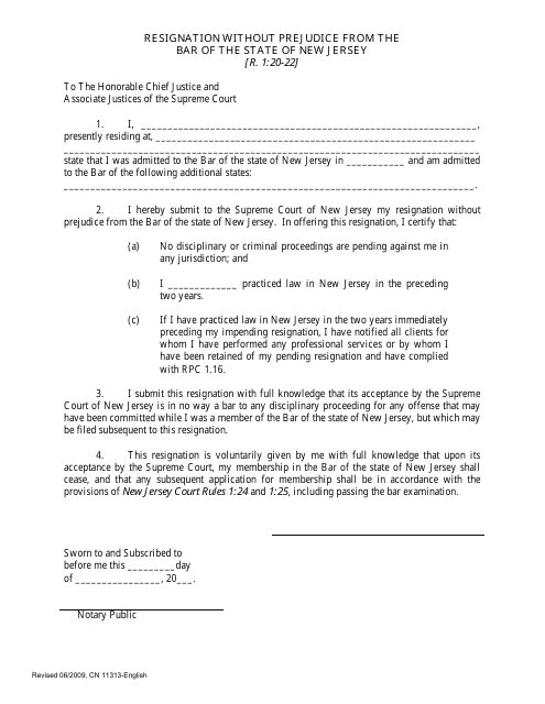 Form 11313 Resignation Without Prejudice From the Bar of the State of New Jersey - New Jersey