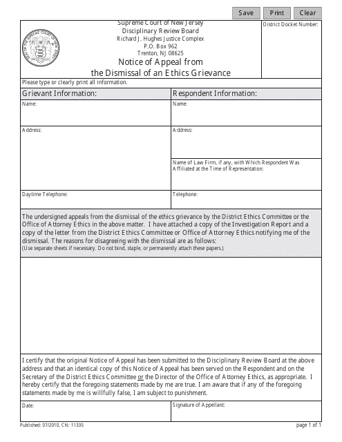Form CN:11335 Notice of Appeal From the Dismissal of an Ethics Grievance - New Jersey