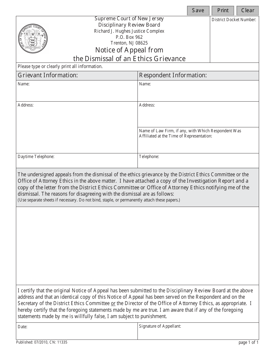 Form CN:11335 Notice of Appeal From the Dismissal of an Ethics Grievance - New Jersey, Page 1