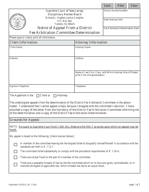 Form 11336 Notice of Appeal From a District Fee Arbitration Committee Determination - New Jersey