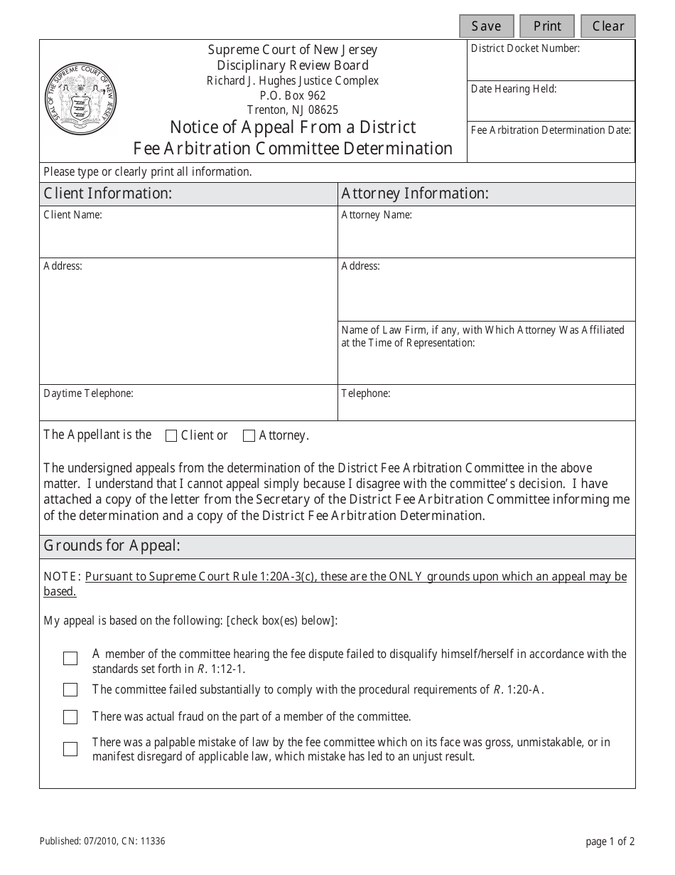Form 11336 Notice of Appeal From a District Fee Arbitration Committee Determination - New Jersey, Page 1