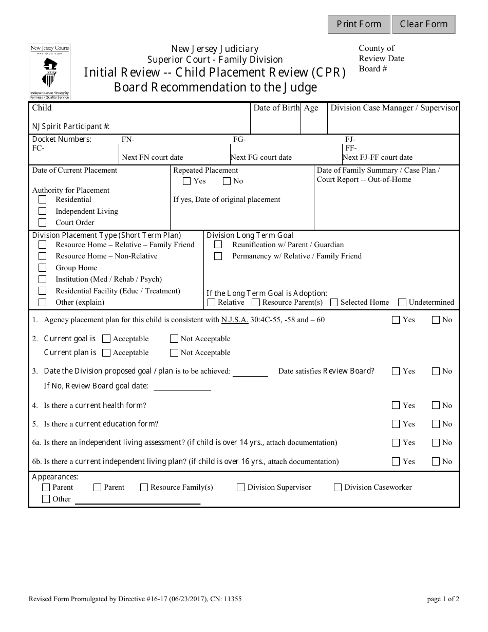 Form 11355 Initial Review - Child Placement Review (Cpr) Board Recommendation to the Judge - New Jersey, Page 1