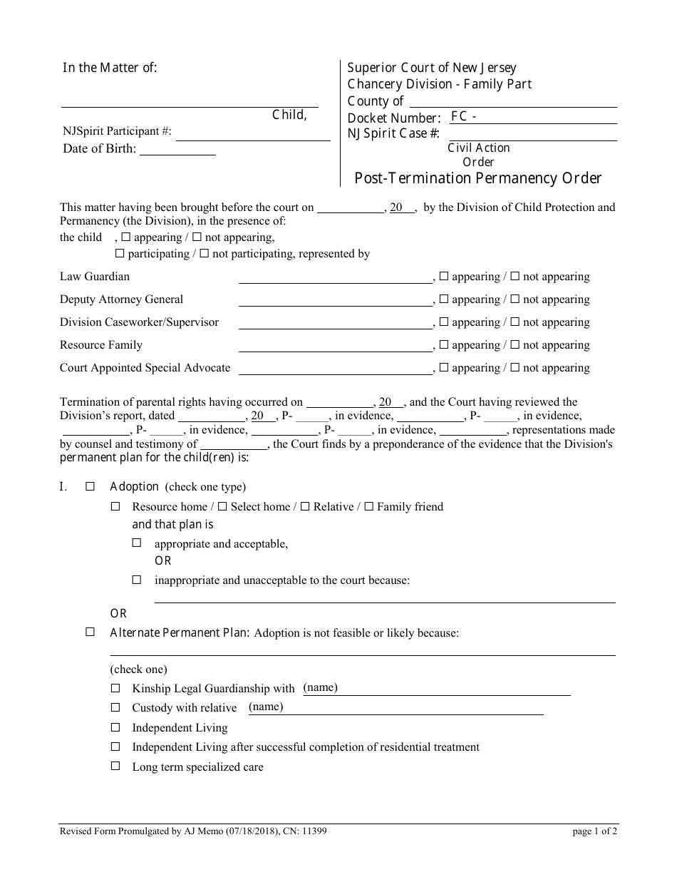 Form 11399 Post-termination Permanency Order - New Jersey, Page 1