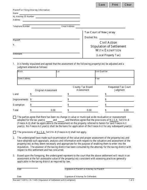 Form 11405 Stipulation of Settlement With Exemption - New Jersey