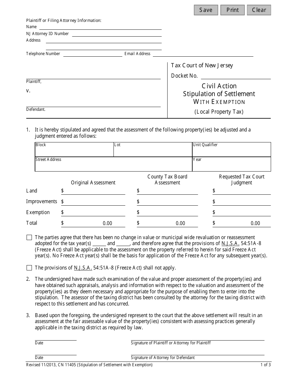 Form 11405 Stipulation of Settlement With Exemption - New Jersey, Page 1