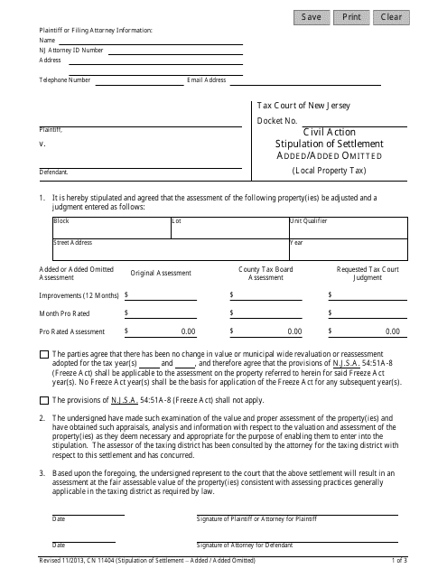 Form 11404 Stipulation of Settlement Added/Added Omitted (Local Property Tax) - New Jersey