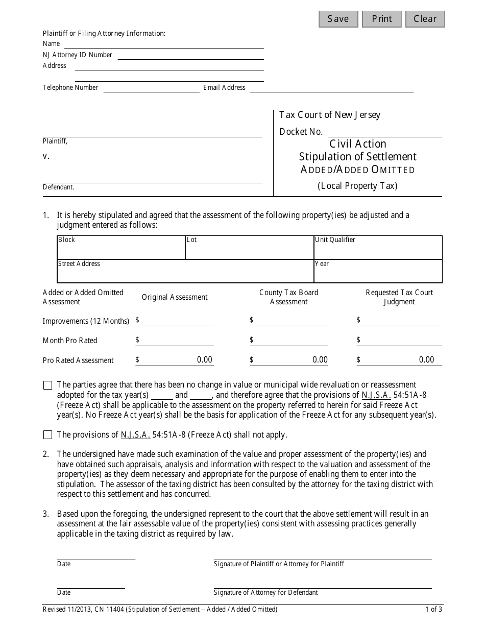 Form 11404 Stipulation of Settlement Added / Added Omitted (Local Property Tax) - New Jersey, Page 1