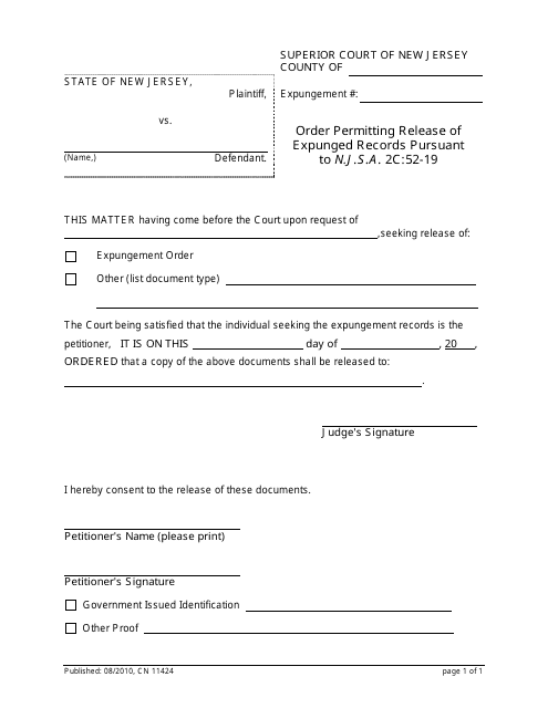 Form 11424 Order Permitting Release of Expunged Records Pursuant to N.j.s.a. 2c:52-19 - New Jersey
