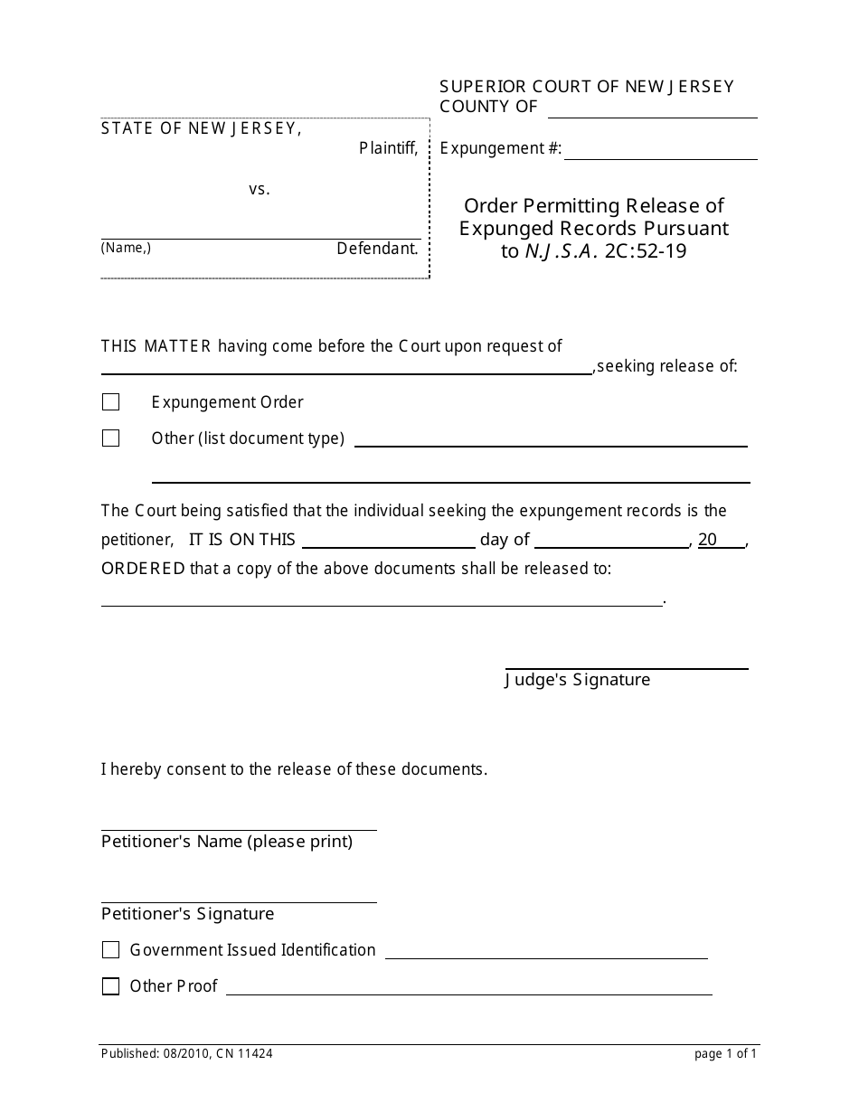 Form 11424 Order Permitting Release of Expunged Records Pursuant to N.j.s.a. 2c:52-19 - New Jersey, Page 1