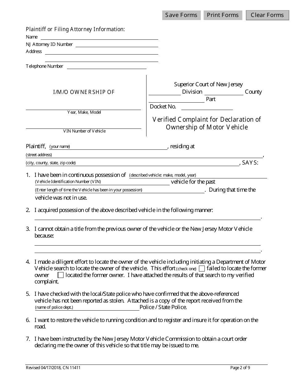 Form 11411 Complaint and Proposed Form of Order for Action Seeking Title to Motor Vehicle - New Jersey, Page 2