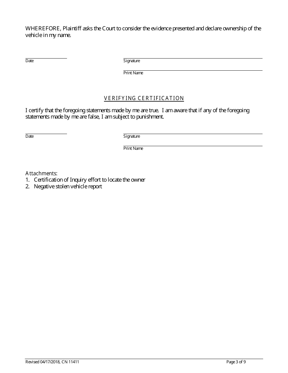 Form 11411 Complaint and Proposed Form of Order for Action Seeking Title to Motor Vehicle - New Jersey, Page 3