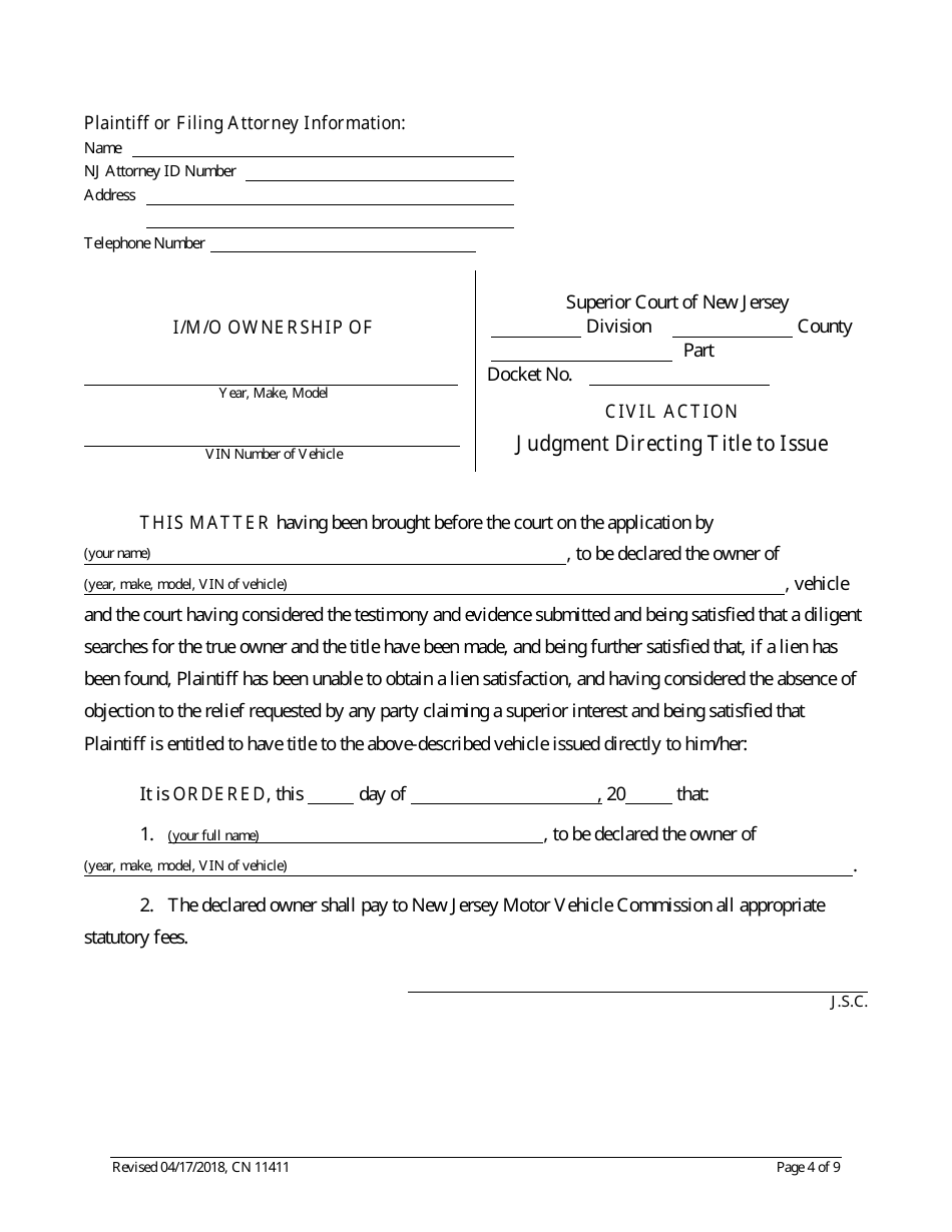 Form 11411 Complaint and Proposed Form of Order for Action Seeking Title to Motor Vehicle - New Jersey, Page 4