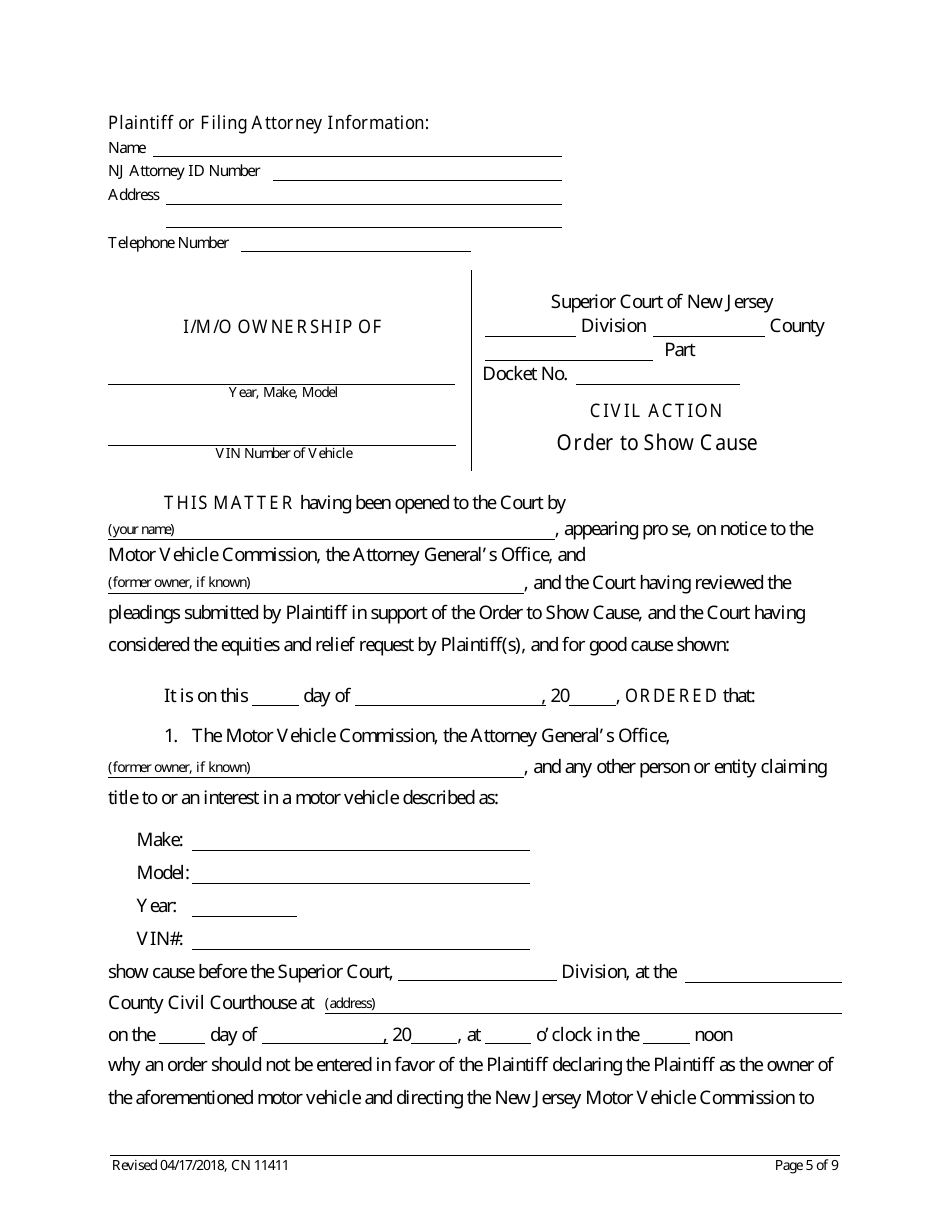 Form 11411 Complaint and Proposed Form of Order for Action Seeking Title to Motor Vehicle - New Jersey, Page 5