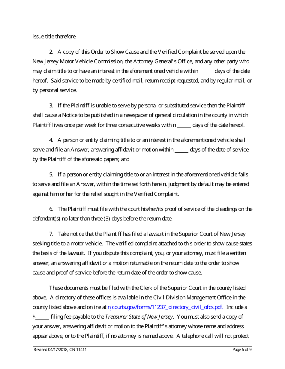Form 11411 Complaint and Proposed Form of Order for Action Seeking Title to Motor Vehicle - New Jersey, Page 6