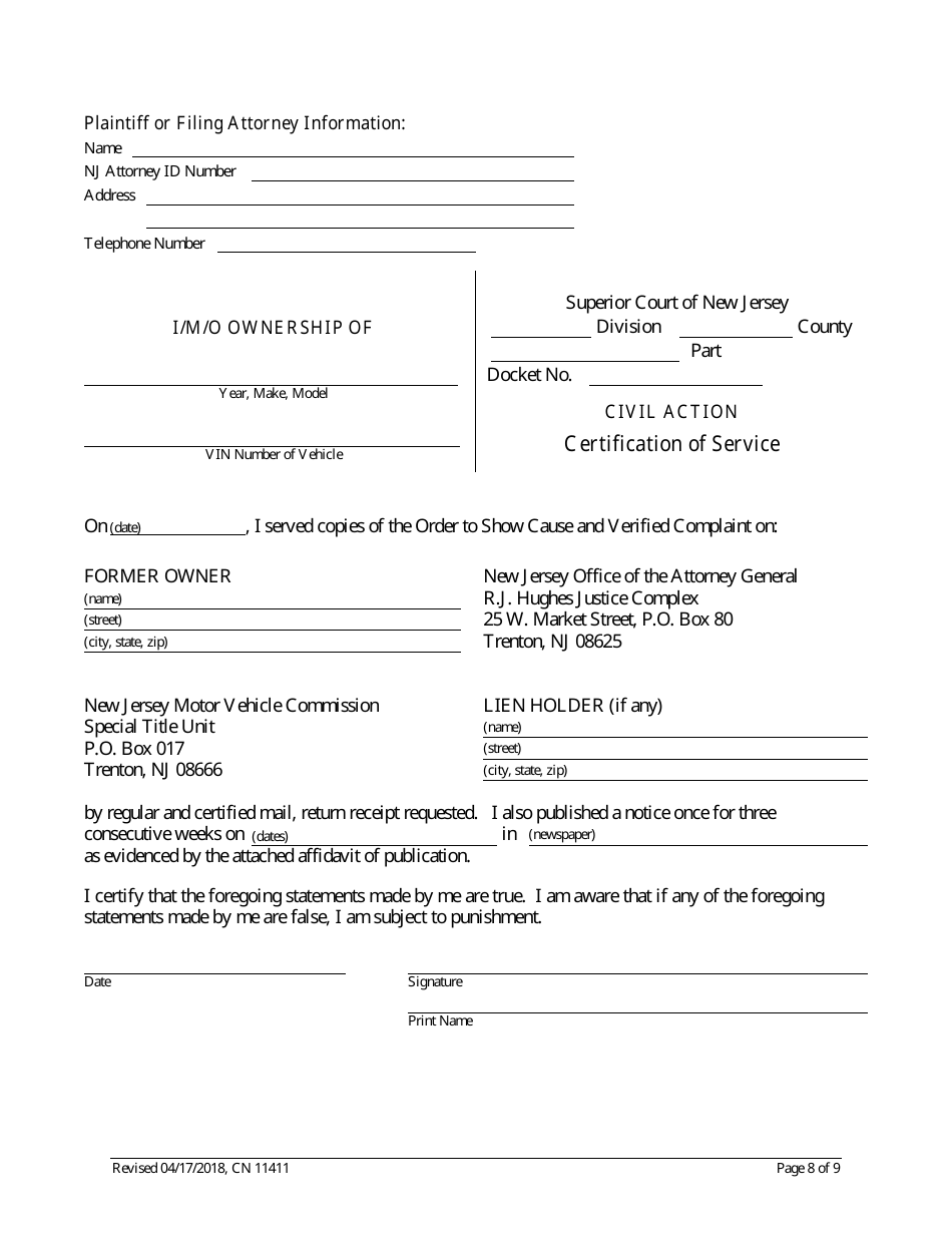 Form 11411 Complaint and Proposed Form of Order for Action Seeking Title to Motor Vehicle - New Jersey, Page 8