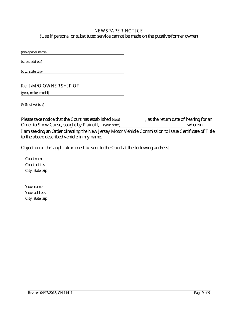 Form 11411 Complaint and Proposed Form of Order for Action Seeking Title to Motor Vehicle - New Jersey, Page 9