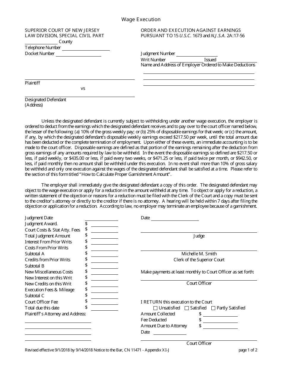 Form 11471 Appendix XI-J Wage Execution - New Jersey, Page 1