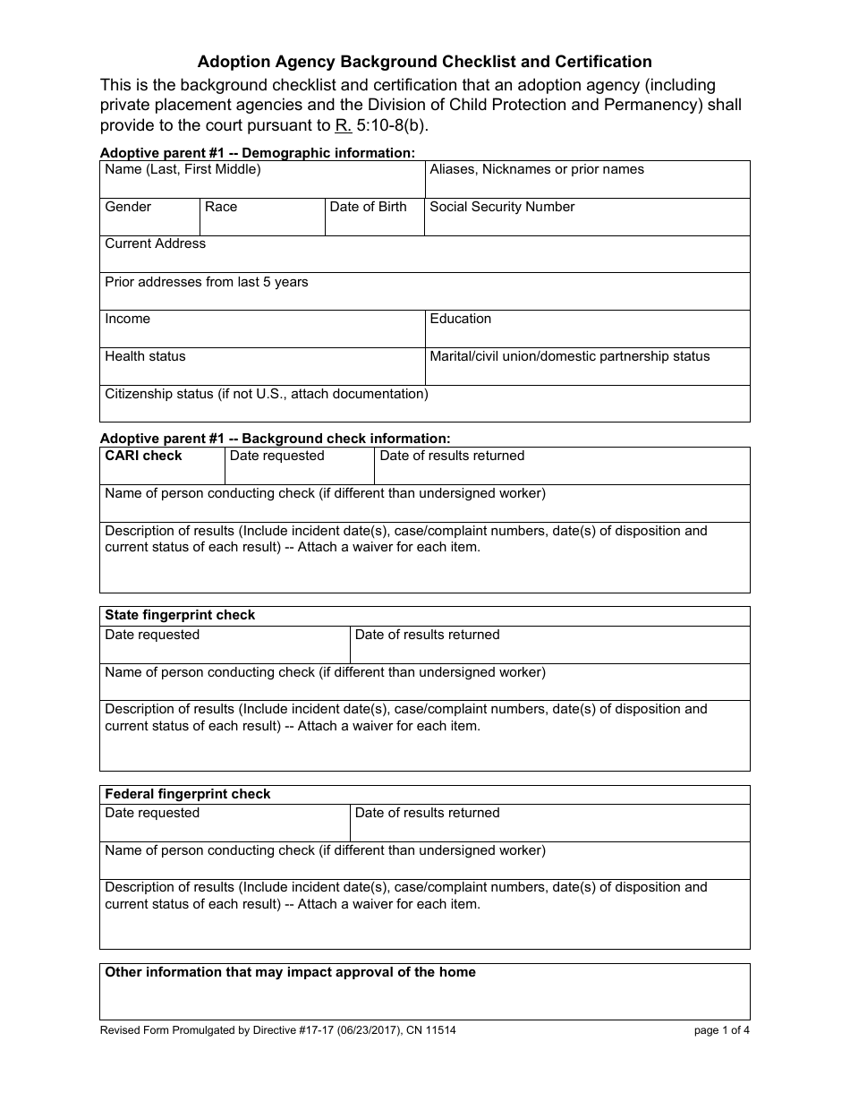 Form 11514 Adoption Agency Background Checklist and Certification - New Jersey, Page 1