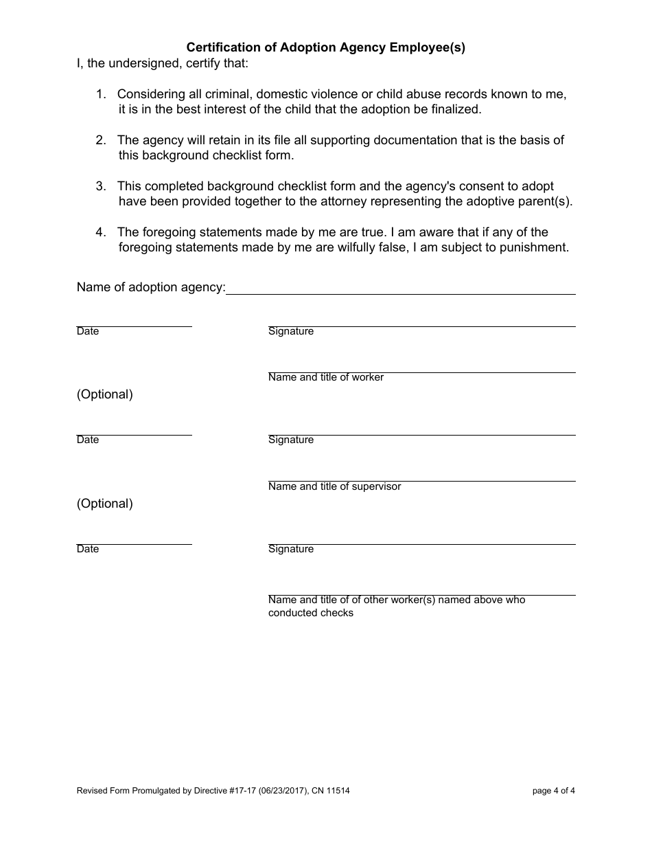 Form 11514 Adoption Agency Background Checklist and Certification - New Jersey, Page 4