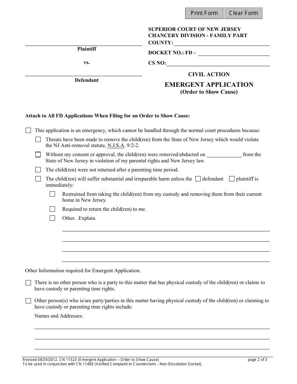 Form 11523 Emergent Application (Order to Show Cause) - New Jersey, Page 2