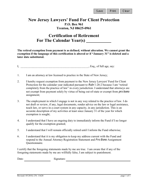Form CN:11620 Certification of Retirement - New Jersey