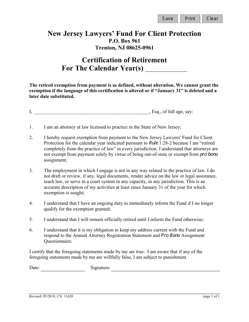 Form CN:11620 Certification of Retirement - New Jersey, Page 1