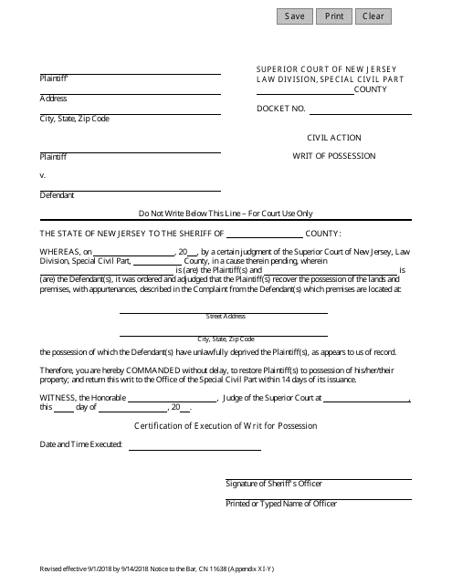Form 11638 Appendix XI-Y  Printable Pdf