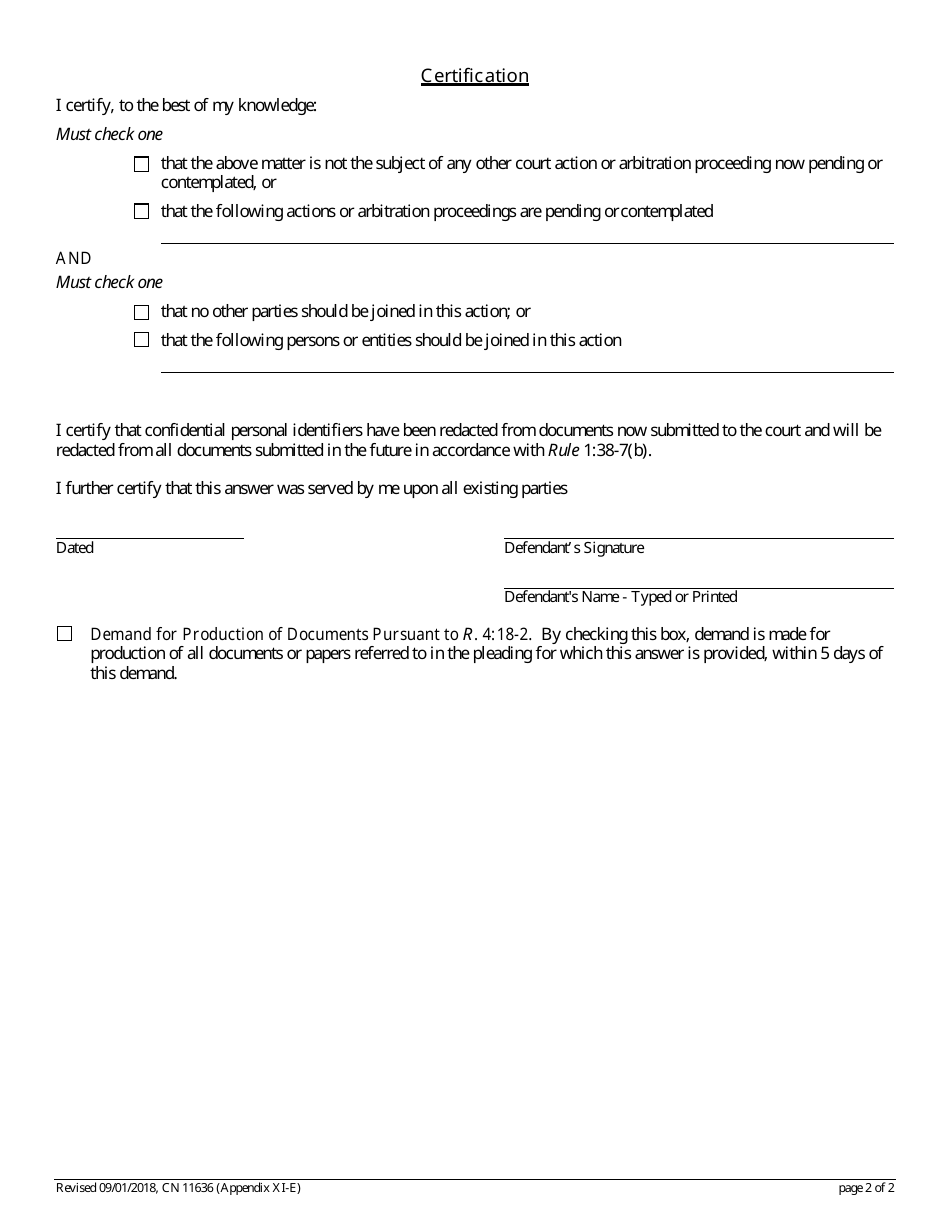 Form 11636 Appendix XI-E Answer (Auto Accident) - New Jersey, Page 2