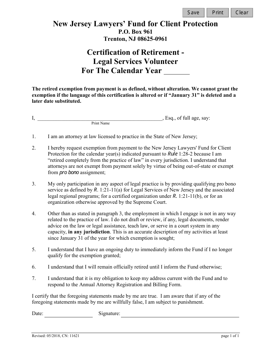 Form CN:11621 Certification of Retirement - Legal Services Volunteer - New Jersey, Page 1
