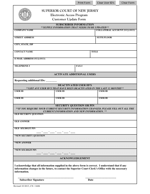 Form CN:11684 Electronic Access Program (Eap) Customer Update Form - New Jersey