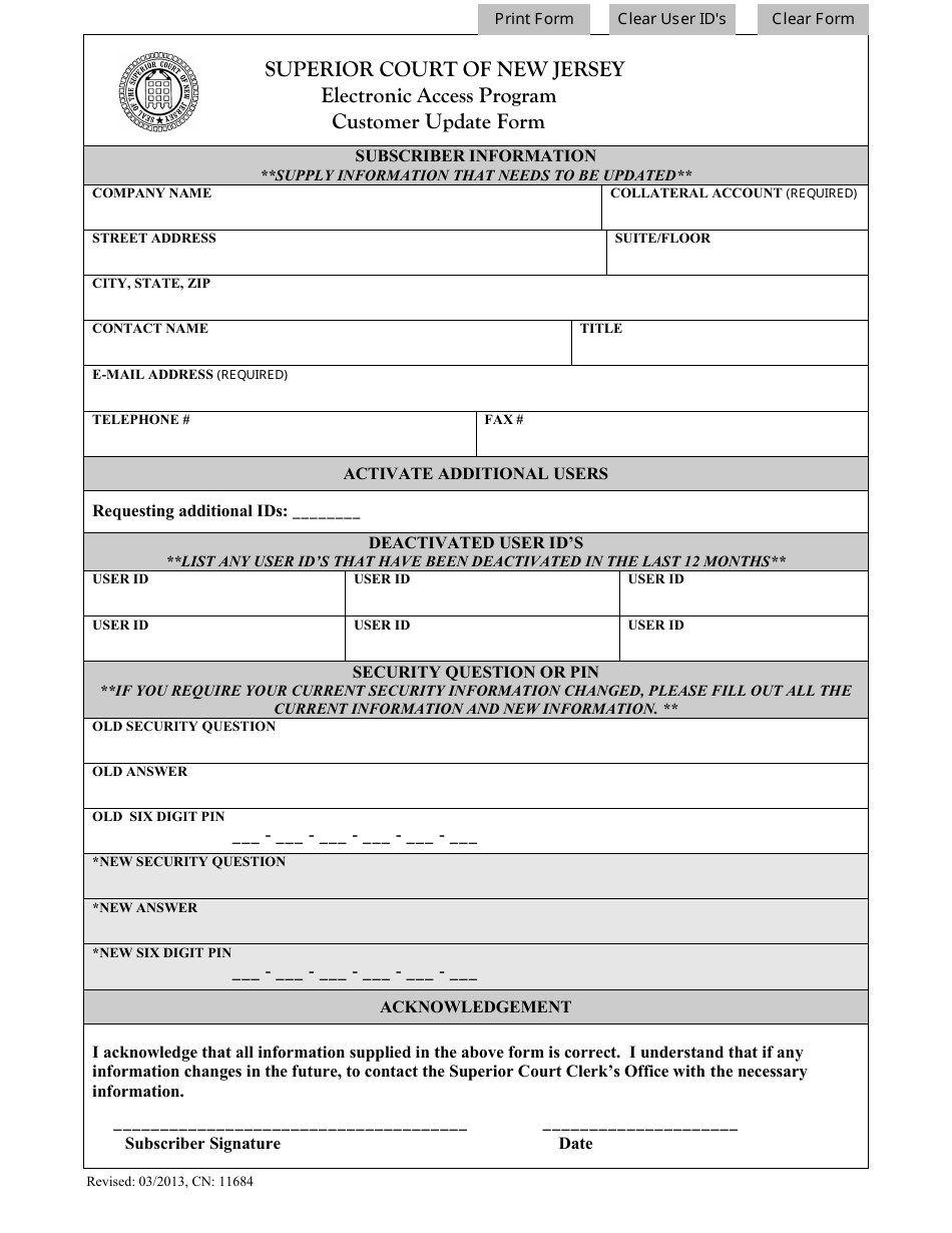 Form CN:11684 Electronic Access Program (Eap) Customer Update Form - New Jersey, Page 1
