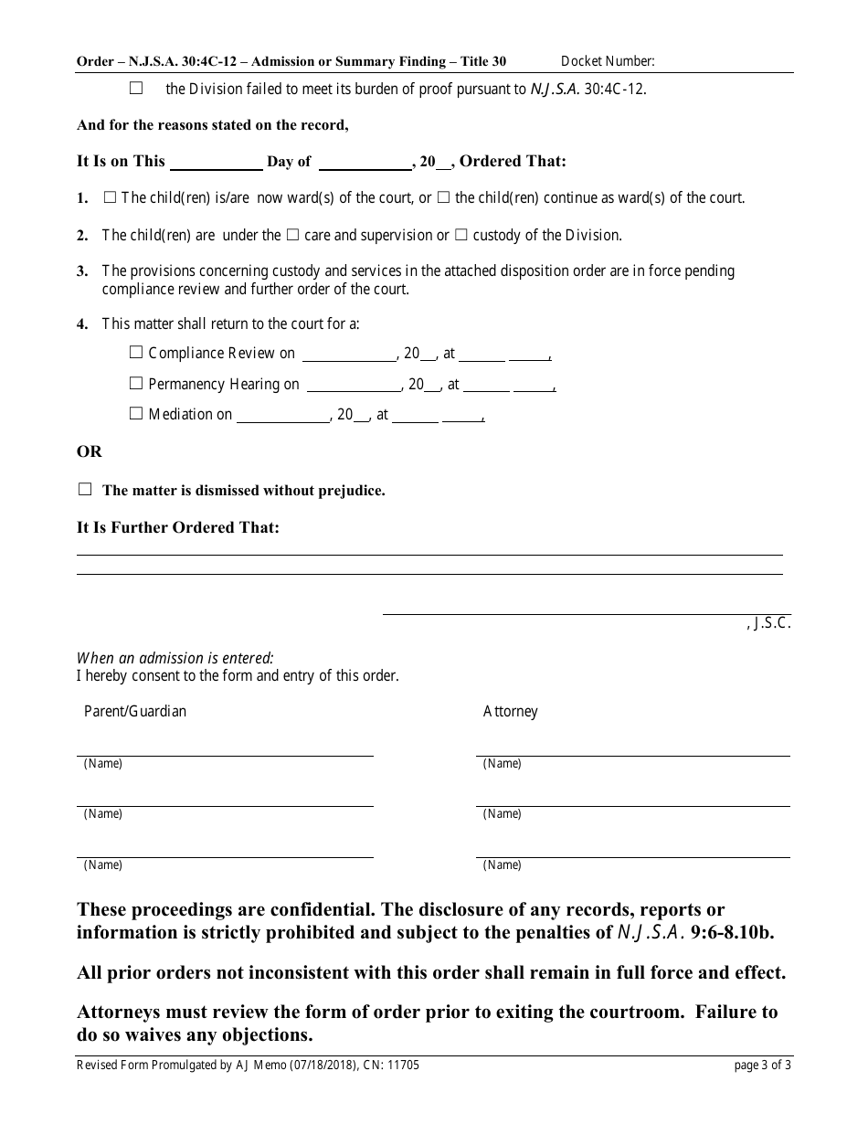 Form CN:11705 Order - N.j.s.a. 30:4c-12 - Admission or Summary Finding - Title 30 - New Jersey, Page 3